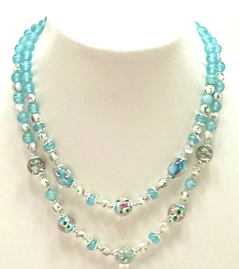 Collier de perles vintage inspiré en argent sterling turquoise bleu verre gâteau de mariage verre perlé double brin collier de perles vintage - Product Image 2