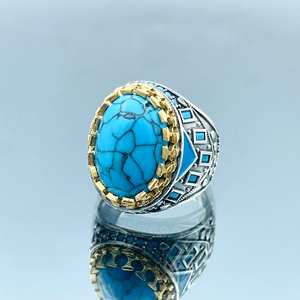 Anillo de piedra ovalada de Plata de Ley 925 para hombre, azul turquesa, tratado térmicamente para regalo de cumpleaños o aniversario, joyería de plata para hombre - Product Image 2
