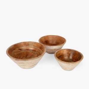 Ensemble de bols en bois de manguier nervuré, forme poire, empilables, finition blanchie, pour la préparation de repas sains et le rangement sur la table à manger - Product Image 1