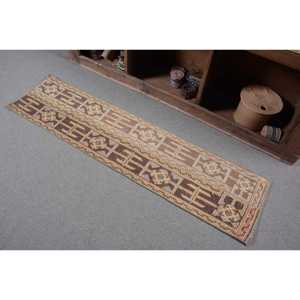 1.3x5.6 ft Turkish Runner Rug, <b>Brown</b> Blue Vintage Solid <b>Wool</b> Rug - Product Image 3