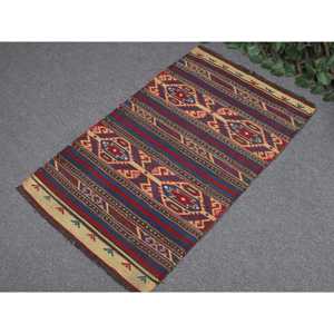 Vintage Traditional Kilim Rug 1.9x3.1 ft <b>Red</b> Blue Patchwork <b>Wool</b> Turkish Medium Pile Eco Friendly Latex Backing - Product Image 2