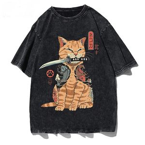 T-shirt personnalisé chat samouraï lavé T-shirts surdimensionnés en coton décontractés Vêtements confortables Dernière conception Vente à chaud T-shirts décontractés - Product Image 1