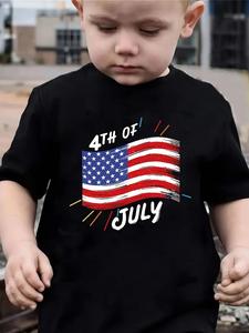 T-shirt col rond 100% coton pour garçons des états-unis, imprimés de lettres et motifs de drapeau américain, t-shirts décontractés pour enfants - Product Image 3