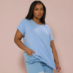 Ropa personalizable, camiseta de núcleo azul claro de alta calidad para mujeres de talla grande, estilo informal amigable con el verano, OEM de Bangladesh - Product Image 1