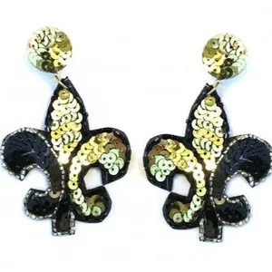 Mardi Gras black and gold sequin post seed beads earrings light weight from india handmade earrings for women and girls