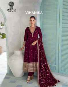 Fil Zari de qualité supérieure brodé polyester Georgette longueur au sol Salwar Kameez extensible sans plis élégant Dupatta pour - Product Image 6