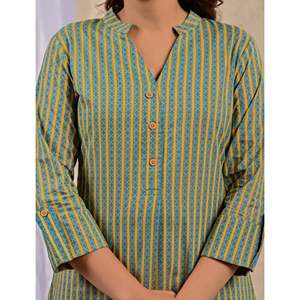 Kurti Recto Estampado con Rayas Verdes, Ropa Étnica India de Rayón para Niñas y Damas, Suave, Cosido, Moderno, para Uso Diario o Fiestas - Product Image 2
