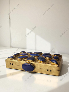 Lapis Lazuli Natural Gemstone Panelled Box <b>Bag</b> With Gold Textured Metal Frame Handcrafted <b>Womens</b> Statement Carry <b>Accessory</b> gift - Product Image 2