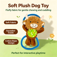 Jouet pour chien en peluche vache des Highlands avec anneaux en corde de coton, jouet interactif à tirer et couineur en peluche douce pour chiens de petite et moyenne taille
