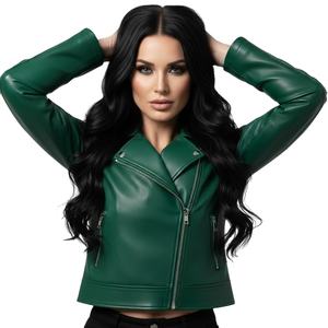 Veste de moto en cuir vert avec fermeture éclair noire personnalisée, vente en gros en vrac, prix d'usine, style motard authentique, mode féminine - Product Image 1