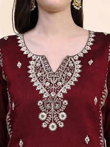 Conjunto de Traje Salwar Étnico con Bordado de Seda Vichitra para Mujer Trendmalls, Color Granate G158, Kurta, Pantalón y Dupatta para Boda, Corte Regular, Estilo Indio - Product Image 4