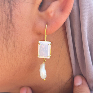 ต่างหูผู้หญิงแบบใหม่ ประดับมุกธรรมชาติและโอปอลควอตซ์ ต่างหูห้อยชุบทอง 18k แบบฝังเพชร งานแฮนด์เมด - Product Image 3