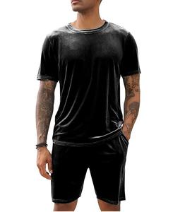 Ensemble court en velours noir avec logo personnalisé, survêtement d'été, jogging respirant en coton, vêtements de sport de plein air, t-shirt en velours, shorts - Product Image 1