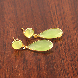 Double Stone Gemstone Jewelry <b>Earring</b> Checker Cut Lite Green Chalcedony studded <b>Drops</b> Brass <b>Gold</b> Plated Bezel Setting <b>Earrings</b> - Product Image 4