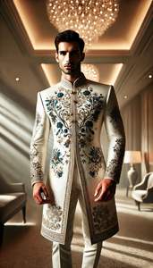 2025 @ Hermoso bordado 3D en novio Sherwani blanco y vestido de pantalón con cuentas de cristal adornadas Perlas Dabka para boda - Product Image 2