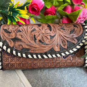 Hand Tooled Carving Wallet Stylish Turquoise Color Wallet for Women Western Leather Wallets Clutch <b>Phone</b> Case Multi Use - Product Image 1