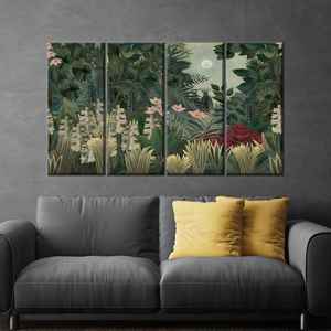 Toile imprimée : Art mural Jungle sous la lumière de la lune dans le style Henri Rousseau, 4P : encadré style galerie - Product Image 1