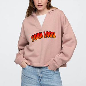 Sudaderas con capucha y cuello en V para mujer con estampado personalizado Color sólido 100% algodón 400 GSM Oversized Drop Shoulder Front Logo con capucha - Product Image 1