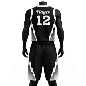 Ensemble Maillot et Short de Basketball Personnalisé en Gros – Design Éclair Noir et Blanc Sublimé – Tenue d'Équipe Respirante - Product Image 2