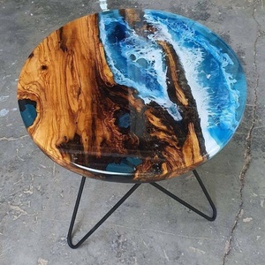 Nouvelle conception de vague d'océan résine époxy dessus de table rond en bois café fait à la main/dessus de table d'appoint prix de gros - Product Image 1