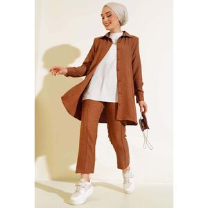 ชุดผ้าลินิน2ชิ้นพร้อมกระดุมด้านบนสีน้ำตาล - Product Image 4