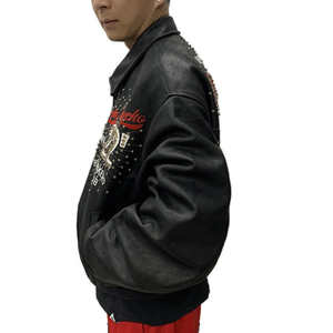 Chaquetas de bombardero de cuero para exteriores de peso pesado para hombre con logotipo personalizado al por mayor abrigos de carreras con diamantes de imitación brillantes para primavera - Product Image 3