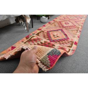 Tapis turc vintage bohème rose orange de grande surface 2.4x 11.4ft tapis d'entrée motif patchwork de support en latex pour couloir - Product Image 3