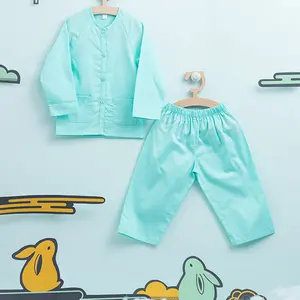 Comfortable Baby Girl Casual Pajamas Blue Silk Cotton Kid Long Sleeves Sleepwear Cyan Blue Home Wear Set Vietnamese Style