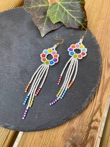 Boho <b>bead</b> earrings with <b>turquoise</b> design andy cascading fringe, unique jewelry gift - Product Image 3