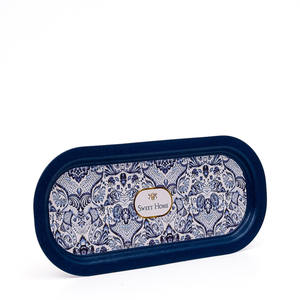 Plateau rectangulaire en métal 160x350mm Motif décoratif bleu et blanc inspiré de l'azulejo - Product Image 1