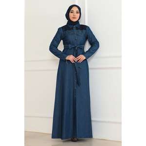 Vestido Casual de Mezclilla Azul Oscuro con Detalle de Perlas-6138 - Product Image 1