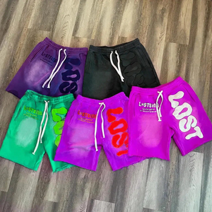 Shorts pour hommes en coton français délavé avec logo imprimé en relief coloré personnalisé OEM 2026, effet vieilli au bas, lavage à l'acide vintage - Product Image 4