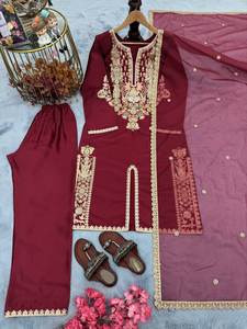 Conjunto elegante de Kurti y Palazzo de seda satinada natural pura con Dupatta a juego para fiesta, apariencia de Festival y ocasiones especiales - Product Image 5