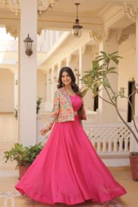 Latest Designer Outfit Attractive Chinnon Lehenga Choli &amp; Koti With Chain Attached and Hexagon Tussels &amp; Dori Work Woman Fashion - Product Image 2
