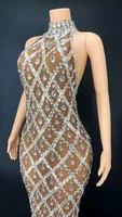 Robe décontractée mini respirante sans manches à col en V, taille naturelle, en maille filet transparente ornée de strass et de paillettes, en aluminium