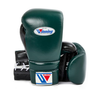 Gants d'entraînement en dentelle noir vert foncé Winning Boxing en cuir de qualité supérieure - Product Image 1