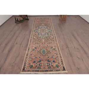 Alfombra Turca Vintage, Alfombra de Pasillo de 3x11.4 pies, Alfombra Floral Marrón y Azul - Product Image 1