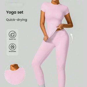 Ensemble t-shirt et legging de fitness pour femme Tissu respirant anti-transpiration Logo personnalisé Marque personnalisée Commandes en gros - Product Image 5