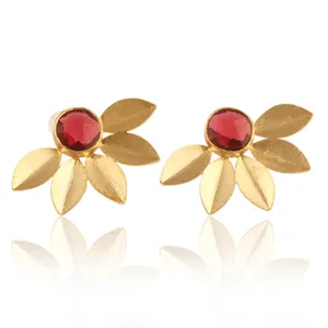 Hot sale wholesale fashion 12mm round faceted red quartz matte finish dull gold plated leaf design matte finish stud earrings