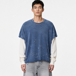 <span class=keywords><strong>T</strong></span>-<span class=keywords><strong>shirt</strong></span> da uomo personalizzata <span class=keywords><strong>vintage</strong></span> lavata a strati, 100% cotone, effetto distressed, spalle scese, oversize, a maniche lunghe, stile streetwear - Product Image 1
