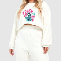 Ensemble 2 pièces en polaire blanc pour femme, haut court et pantalon de jogging, col rond, manches longues, coupe ample, décontracté, toutes saisons, motif imprimé lettres