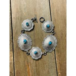 Bobby Francis Kingman Floral Shape Turquoise & Sterling <b>Silver</b> Concho Link <b>Bracelet</b> - Product Image 1