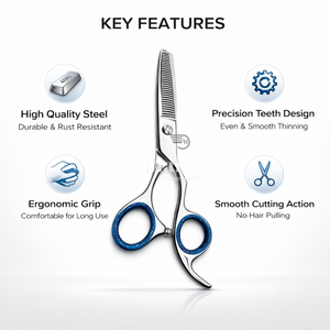 Ciseaux professionnels pour la coupe et l'éclaircissement des cheveux, ciseaux de barbier en acier inoxydable, outil de coiffure, lames aiguisées, poignée à anneau bleu - Product Image 3