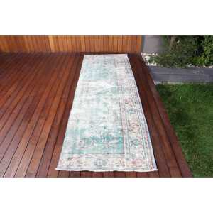 Alfombra Turca Vintage de 2.8x8.3 pies, Alfombra de Lana con Borde Azul - Product Image 1