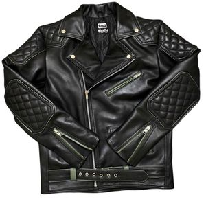 C'est une veste de motard en cuir véritable noir matelassée. - Product Image 1