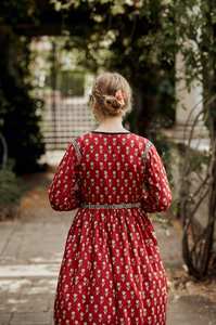 Vestido Midi Bohemio Elisa Estampado a Mano, Algodón Informal, Casual, Floral, Rojo y Blanco - Product Image 5