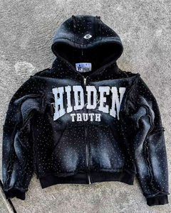 Sudadera con capucha boxy de algodón para hombre, ropa de calle, logotipo bordado personalizable, sudadera transpirable para invierno con diamantes de imitación - Product Image 2