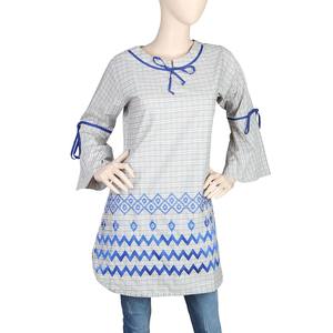 Women's Embroidered Checkered <b>Kurti</b> - Beige - Product Image 2