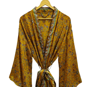 Long Peignoir Léger Vintage Sari Robe Doux Plage Robe De Soirée Indien À La Main Kimono En Soie - Product Image 1