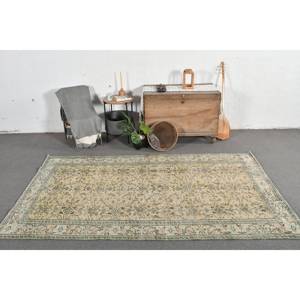 Traditionnel Beige Vert 4.7 X 8.7ft Laine Salle À Manger Tapis Classique Aubusson Patchwork Latex Écologique Pile Moyenne Vintage - Product Image 1